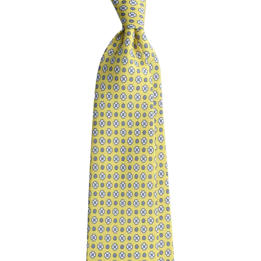 Yellow  Silk Tie with White Flowers Serà Fine Silk