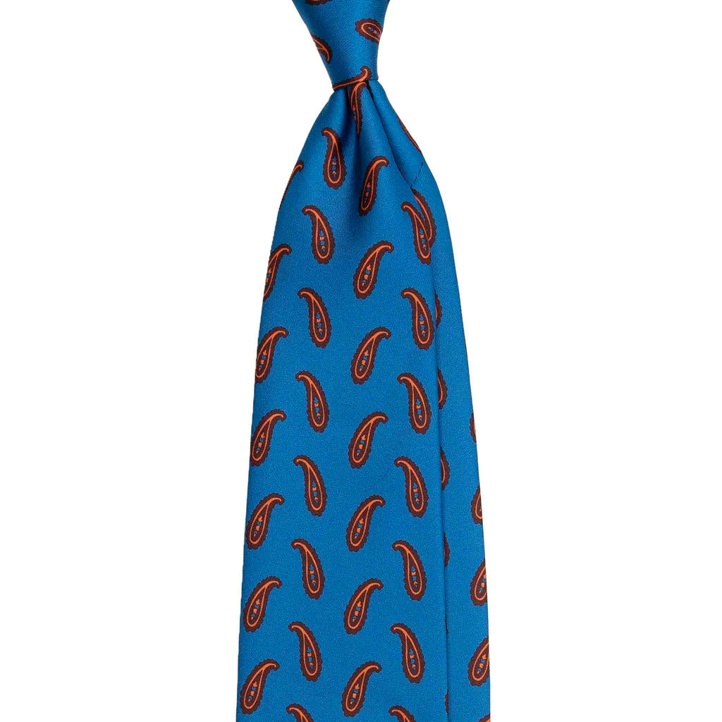 Blue Silk Tie with Big Orange Paisley Serà Fine Silk