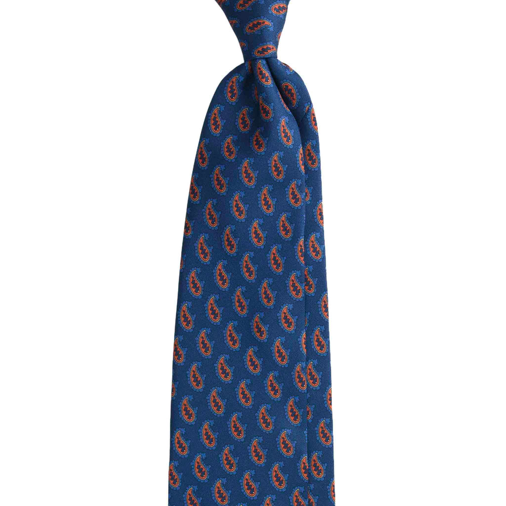 Blue Silk Tie with Big Orange Paisley Serà Fine Silk