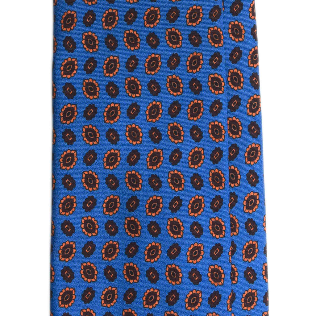 Blue Silk Tie with Orange Floral Medallions Serà Fine Silk