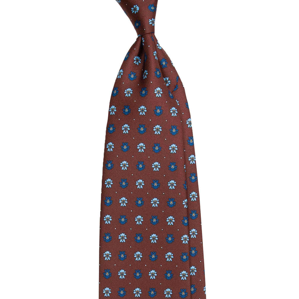 Brown Silk Tie with Blue Flowers Serà Fine Silk