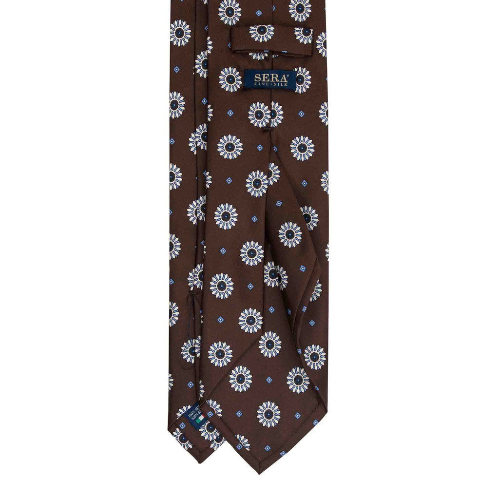 Brown Silk Tie with Blue Big Medallions Serà Fine Silk