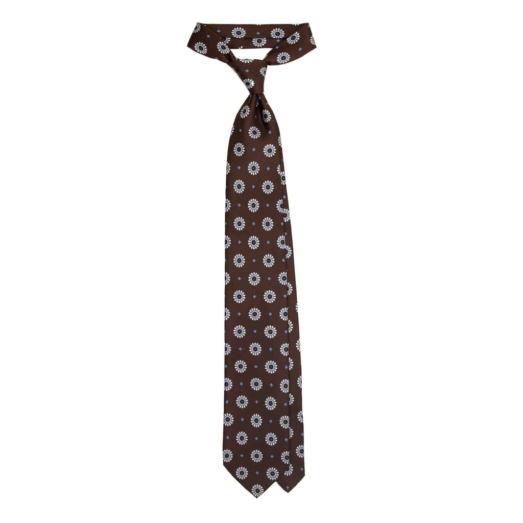 Brown Silk Tie with Blue Big Medallions Serà Fine Silk