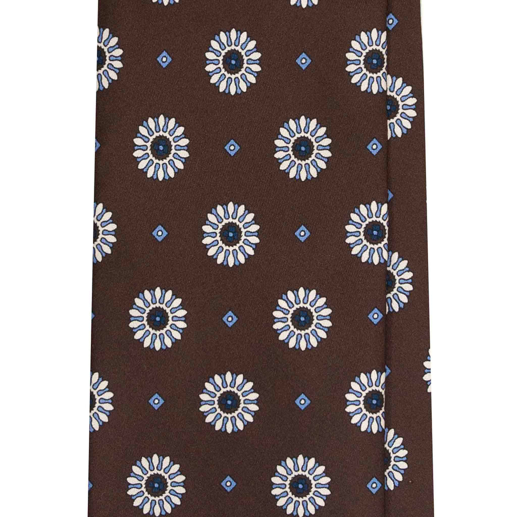 Brown Silk Tie with Blue Big Medallions Serà Fine Silk