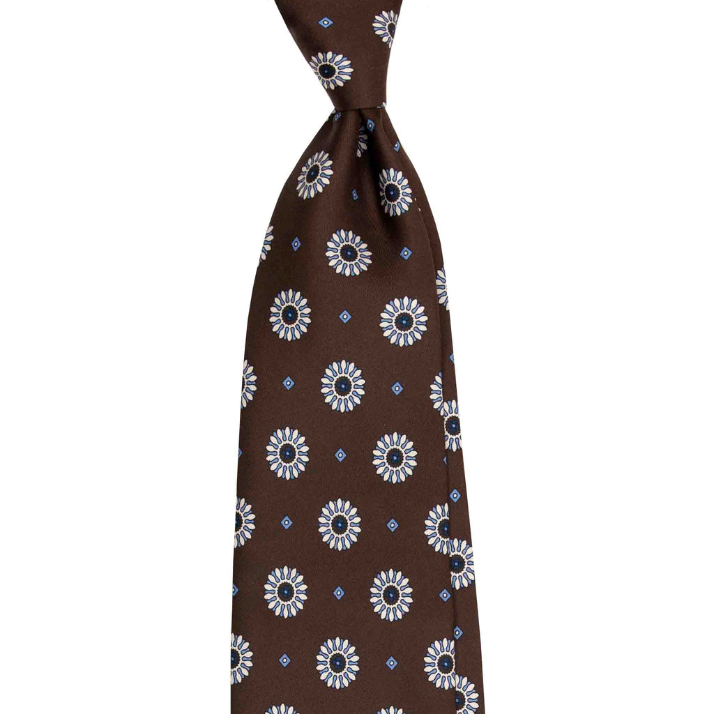 Brown Silk Tie with Blue Big Medallions Serà Fine Silk