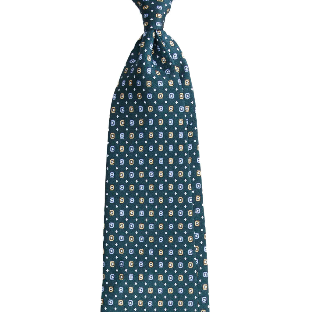 Green Silk Tie with Light Blue and Orange Square Pattern Serà Fine Silk