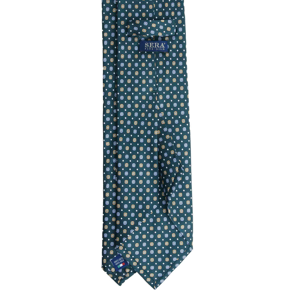 Green Silk Tie with Light Blue and Yellow Square Pattern Serà Fine Silk