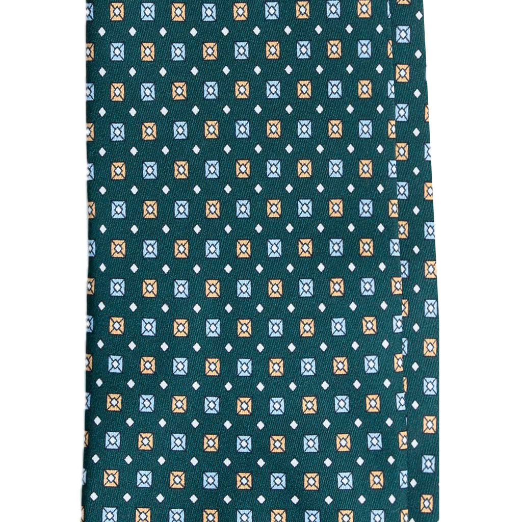Green Silk Tie with Light Blue and Yellow Square Pattern Serà Fine Silk