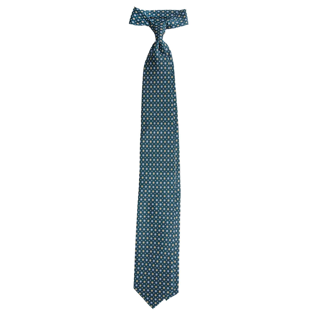 Green Silk Tie with Light Blue and Yellow Square Pattern Serà Fine Silk