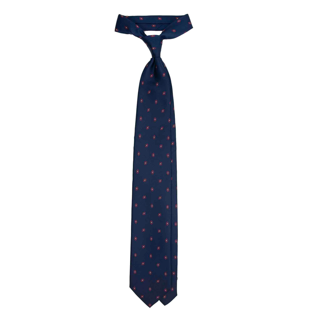 Navy Blue Silk Tie with Burgundy Flowers Serà Fine Silk