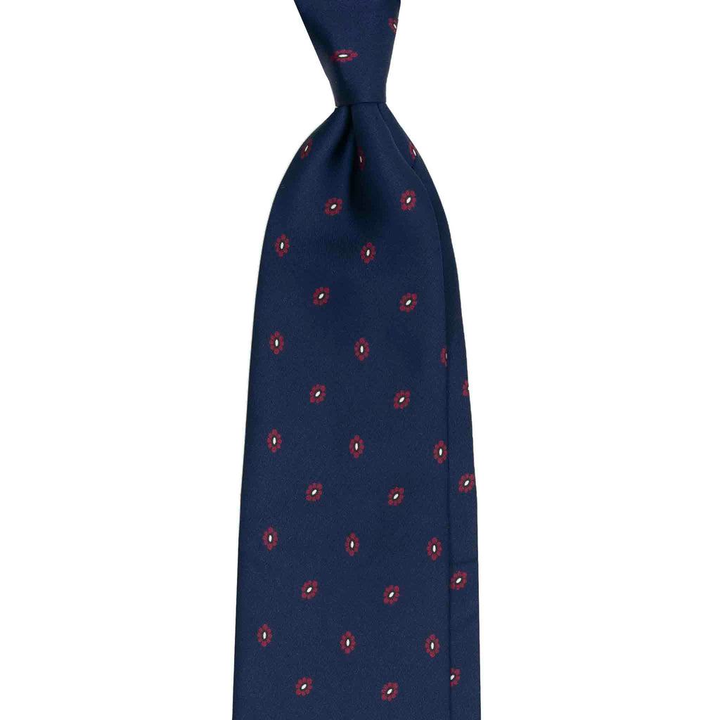 Navy Blue Silk Tie with Burgundy Flowers Serà Fine Silk