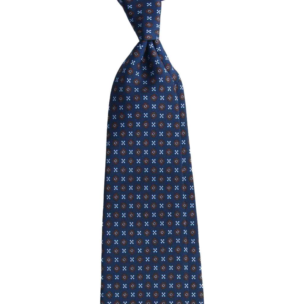 Navy Blue Silk Tie with Light Blue Small Flowers Serà Fine Silk