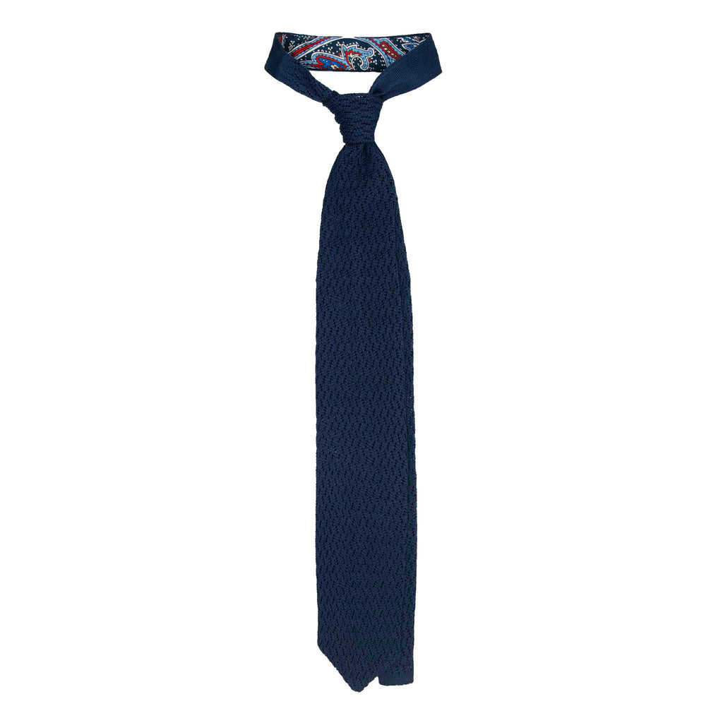 Navy Blue Zig Zag V Point Knitted Tie Serà Fine Silk