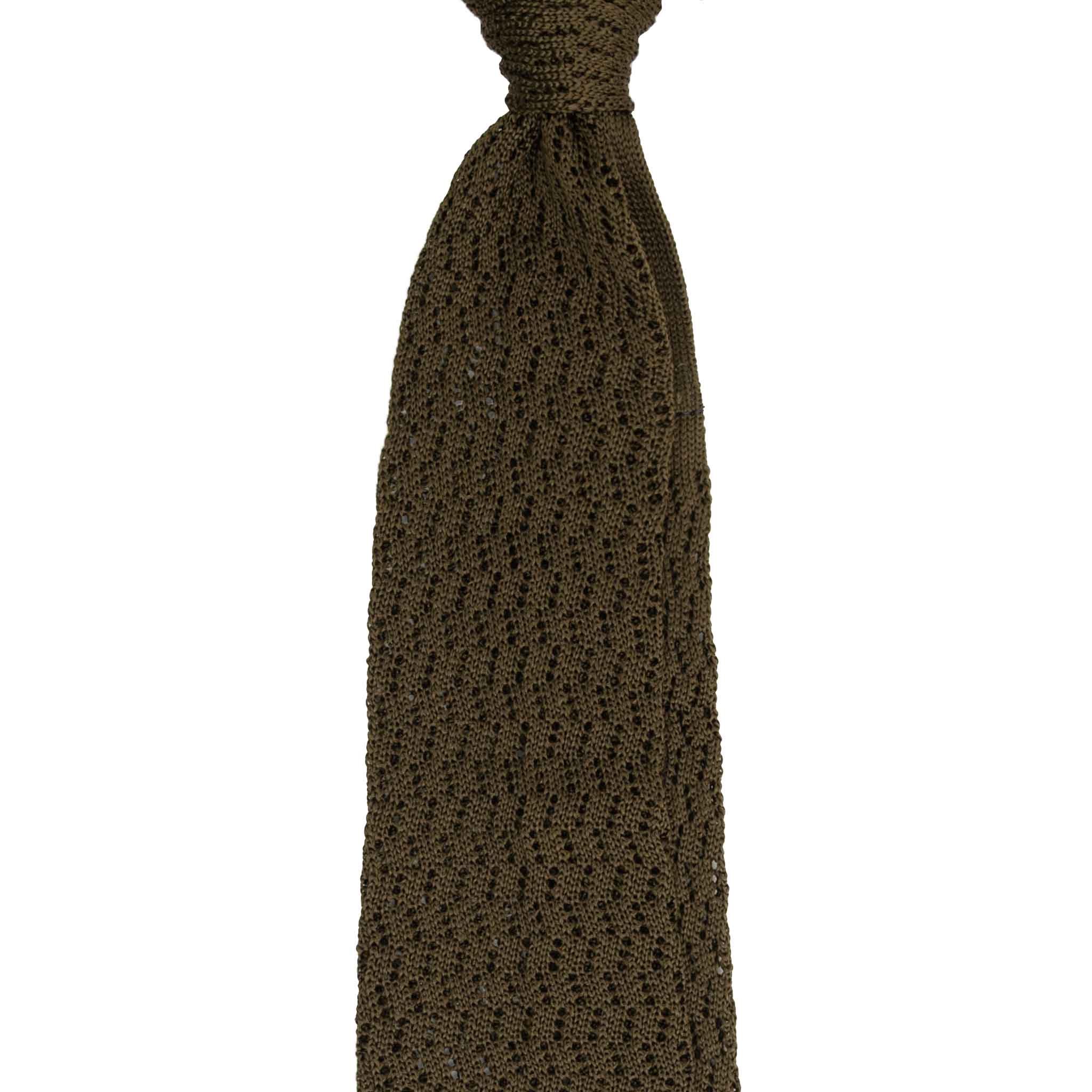 Olive Green Knitted Tie Zig Zag V Point