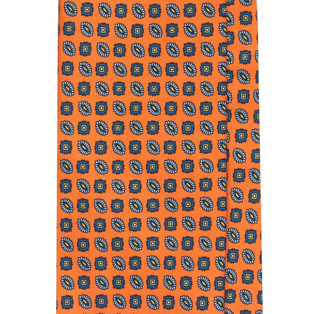 Orange Silk Tie with Blue Small Medallions Serà Fine Silk