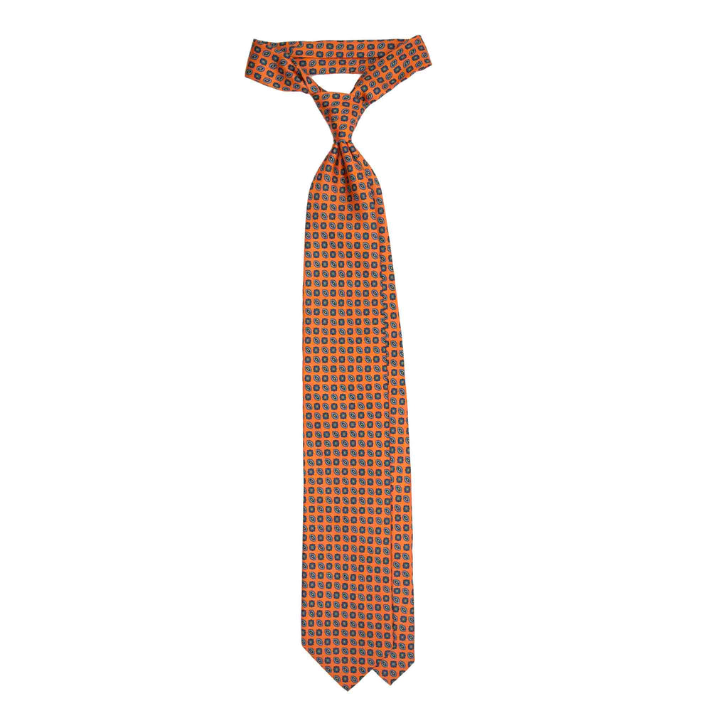 Orange Silk Tie with Blue Small Medallions Serà Fine Silk