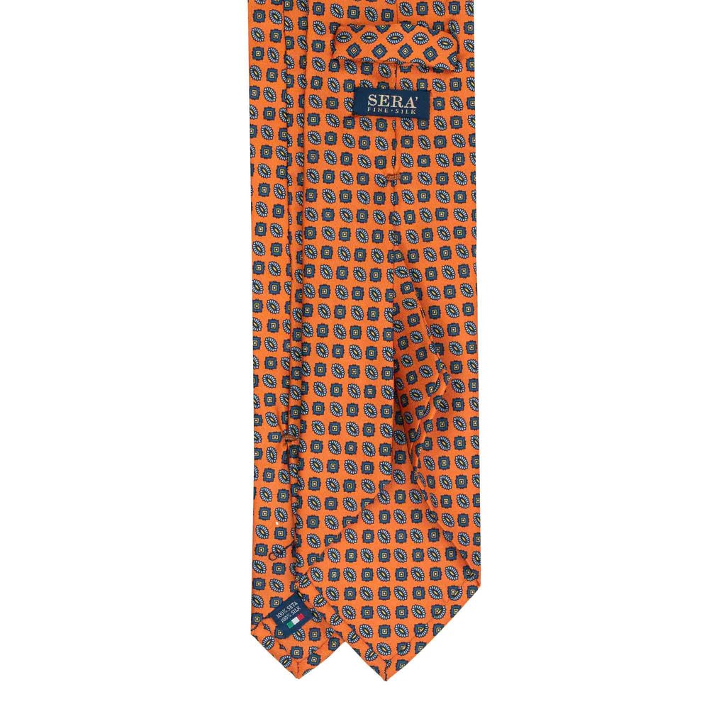 Orange Silk Tie with Blue Small Medallions Serà Fine Silk
