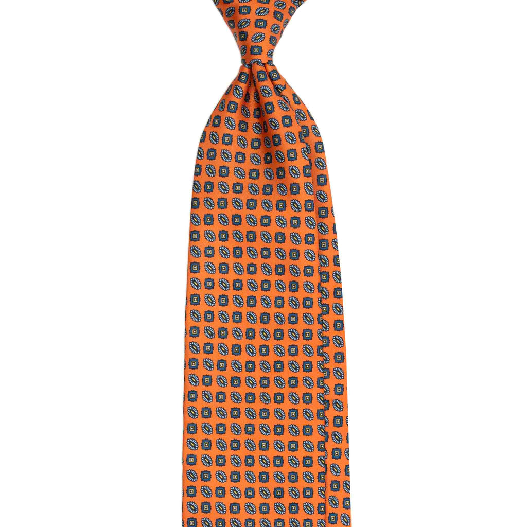 Orange Silk Tie with Blue Small Medallions Serà Fine Silk