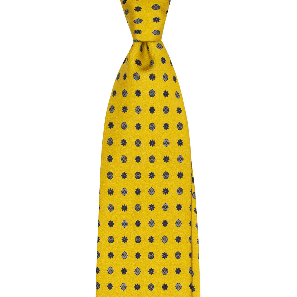 Gold Yellow Silk Tie with Navy Small Flowers Serà Fine Silk