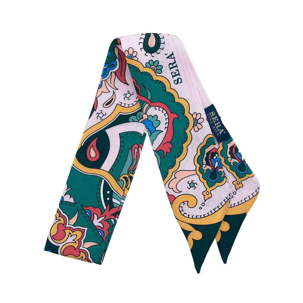Flora Green and Pink Silk Twilly Scarf Serà Fine Silk
