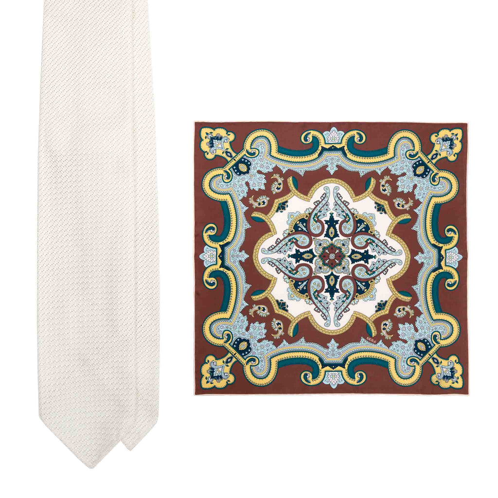 White grenadine tie and Etna pocket square Serà Fine Silk
