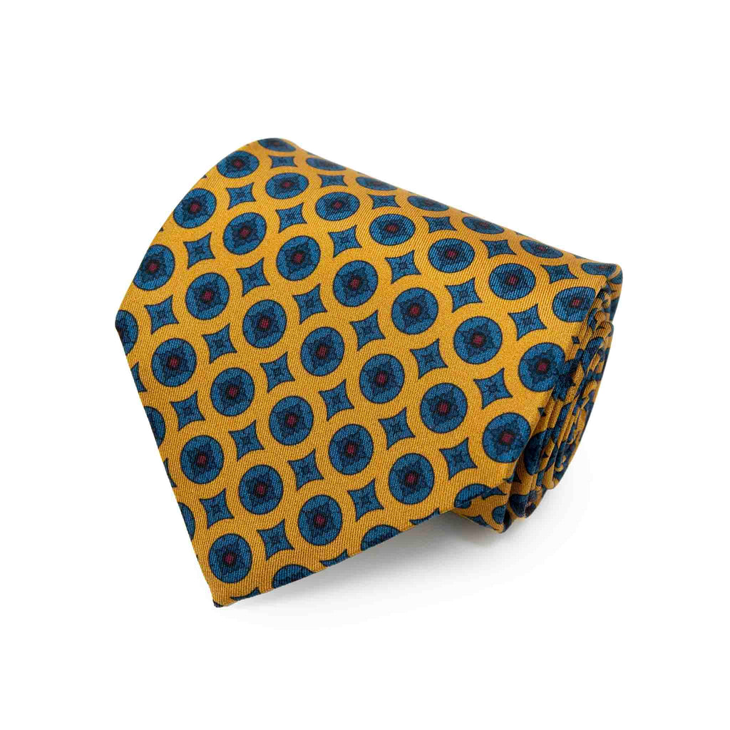 Yellow with Blue Circles Pattern Silk Tie Serà Fine Silk
