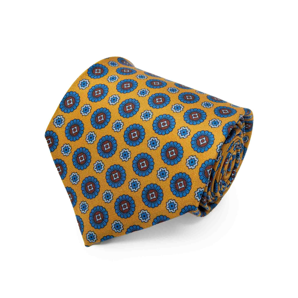 Yellow and Blue Medallions Silk Tie Serà Fine Silk