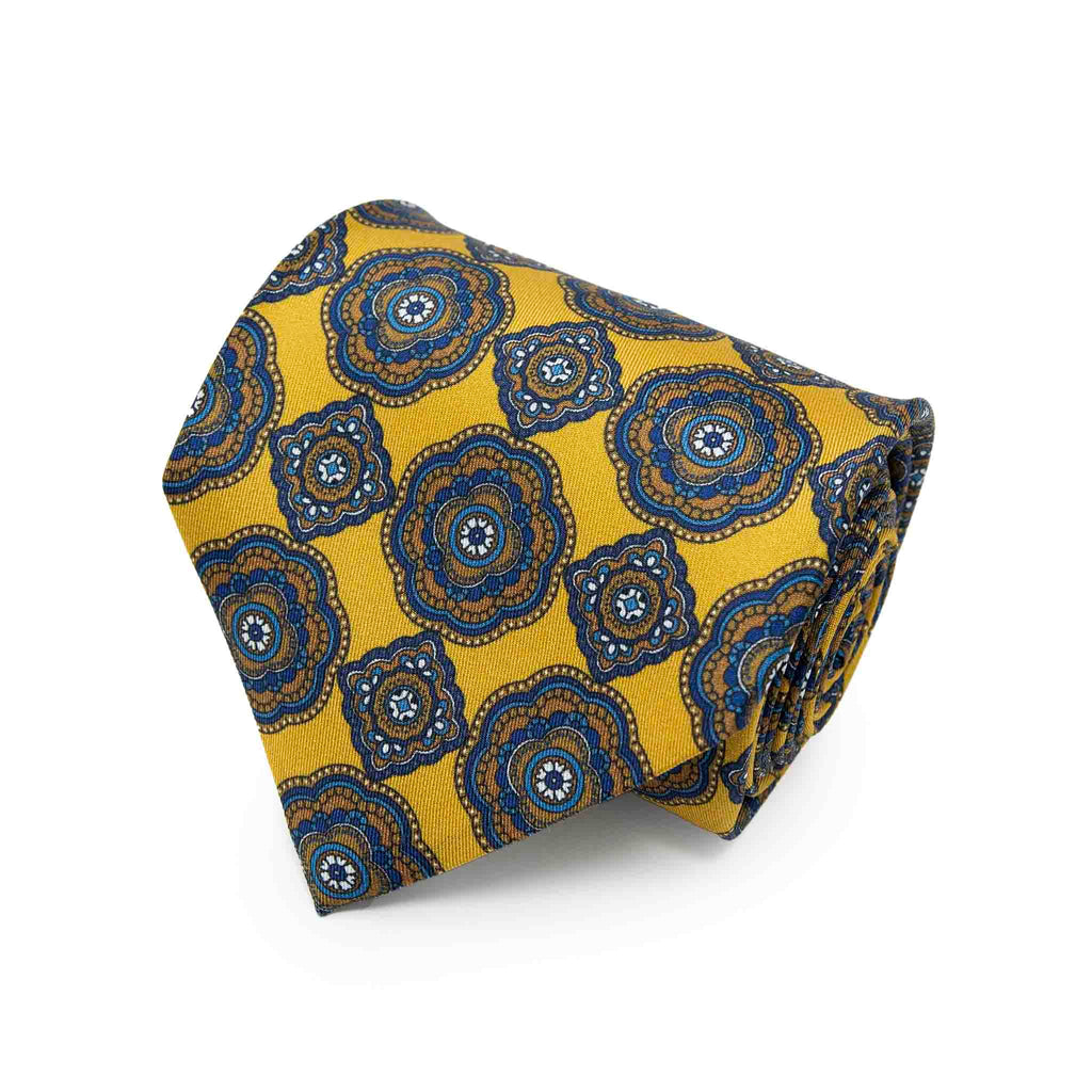 Yellow and Blue Medallions Silk Tie Serà Fine Silk