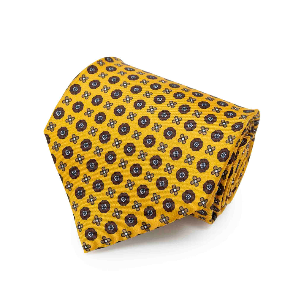 Yellow with Brown Small Flowers Silk Tie Serà Fine Silk