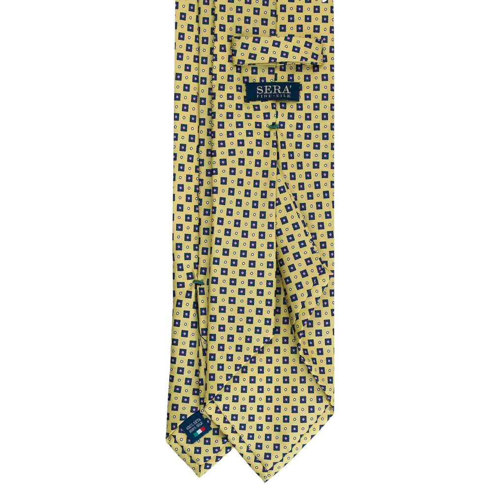 Yellow Silk Tie with Blue Square Pattern Serà Fine Silk