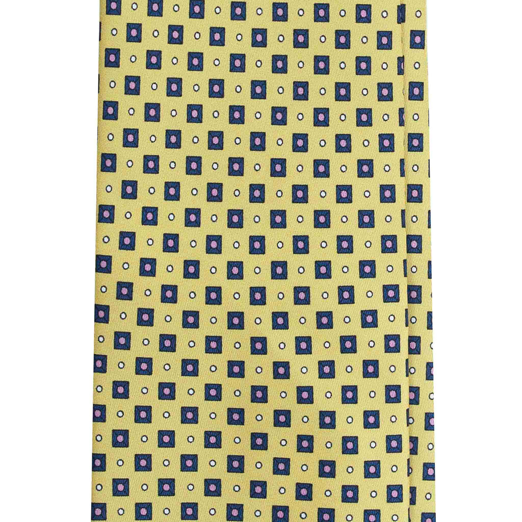 Yellow Silk Tie with Blue Square Pattern Serà Fine Silk