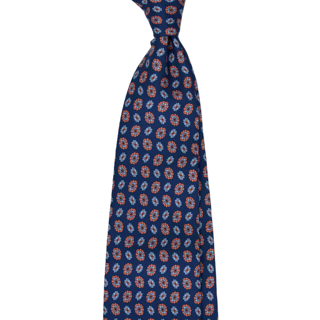 Blue Silk Tie with Orange Floral Medallions Serà Fine Silk