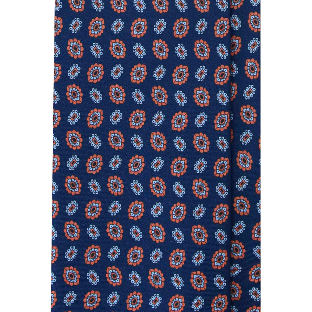 Blue Silk Tie with Orange Floral Medallions Serà Fine Silk