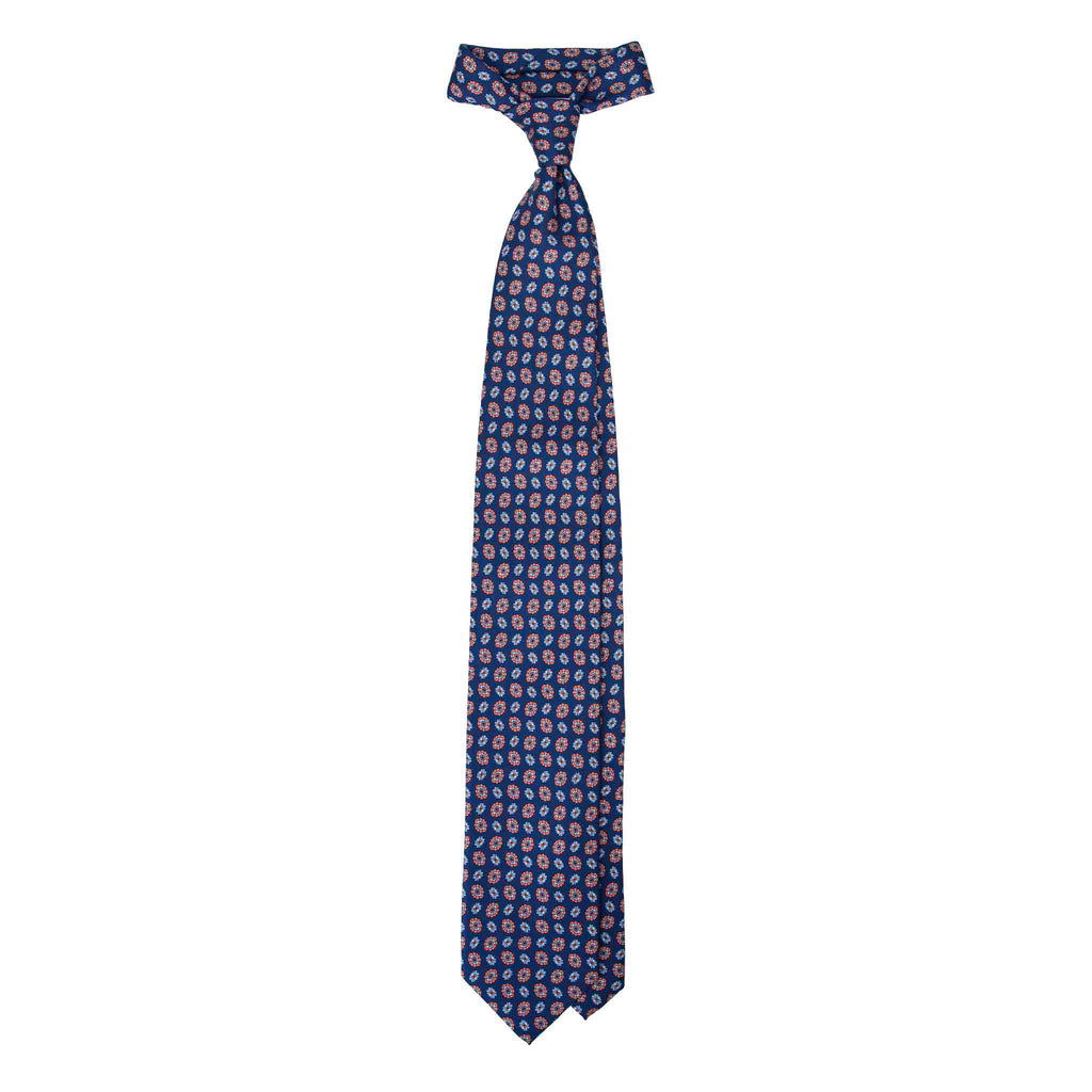 Blue Silk Tie with Orange Floral Medallions Serà Fine Silk