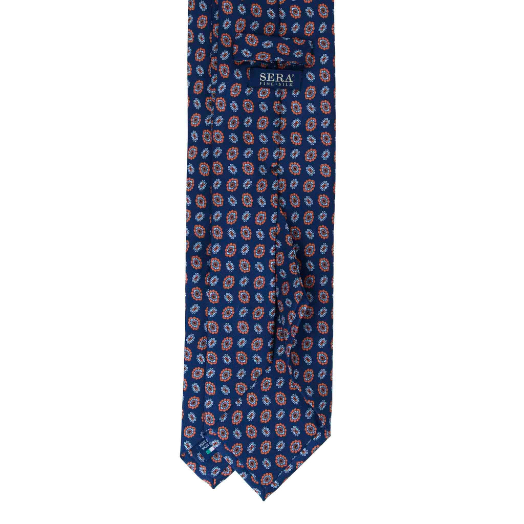 Blue Silk Tie with Orange Floral Medallions Serà Fine Silk