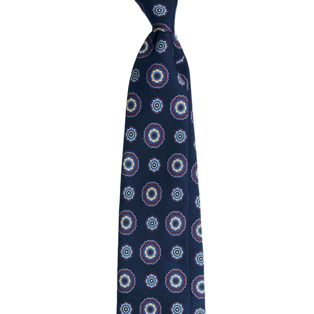 Blue Silk Tie with Big Burgundy Flowers Serà Fine Silk