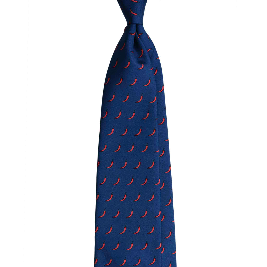 Blue Silk Tie with Small Red Peppers Serà Fine Silk