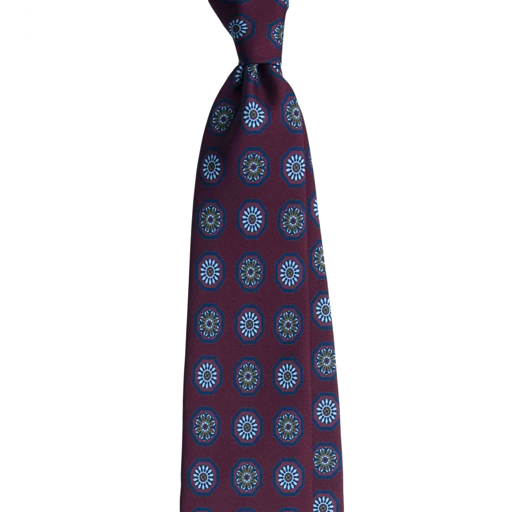 Burgundy Silk Tie with Big Floral Medallions Serà Fine Silk