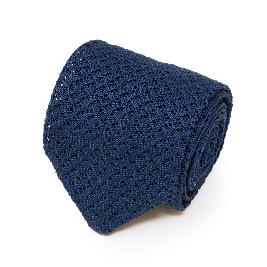 Navy Blue Hazelnut V Point Knitted Tie Serà Fine Silk