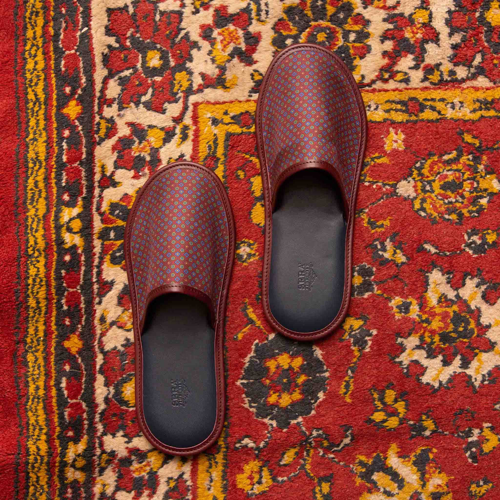 burgundy with small square dots silk and leather slippers - serà fine silk