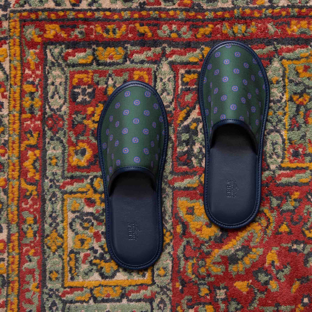green and blue medallions silk and leather slippers - serà fine silk
