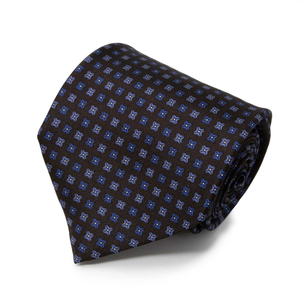 Dark brown with blue square dots patterned silk tie