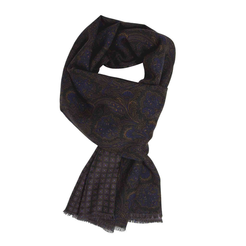 sera fine silk - dark brown and blue squares patterned silk wool scarf