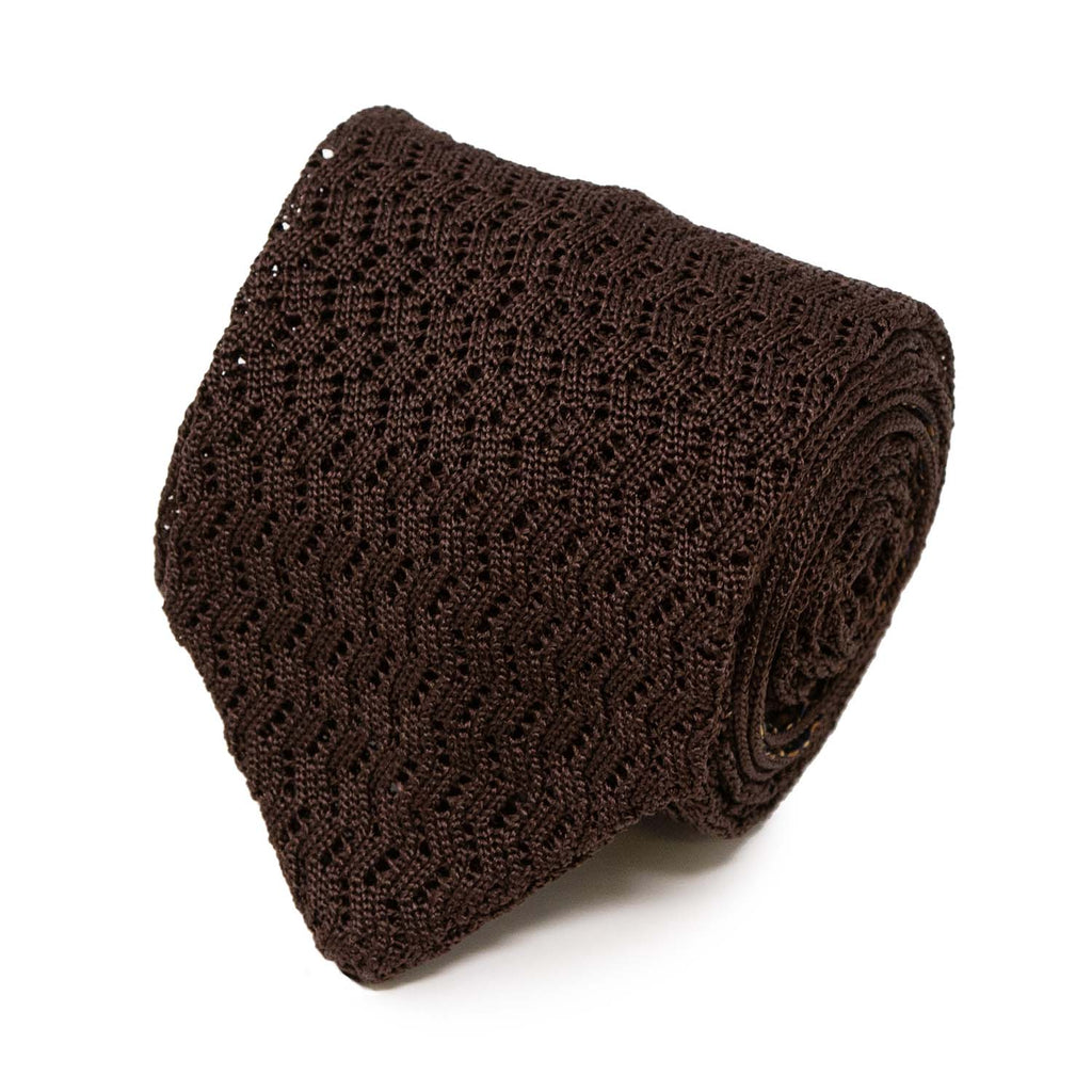 Brown Zig Zag V Point Knitted Silk Tie Serà Fine Silk