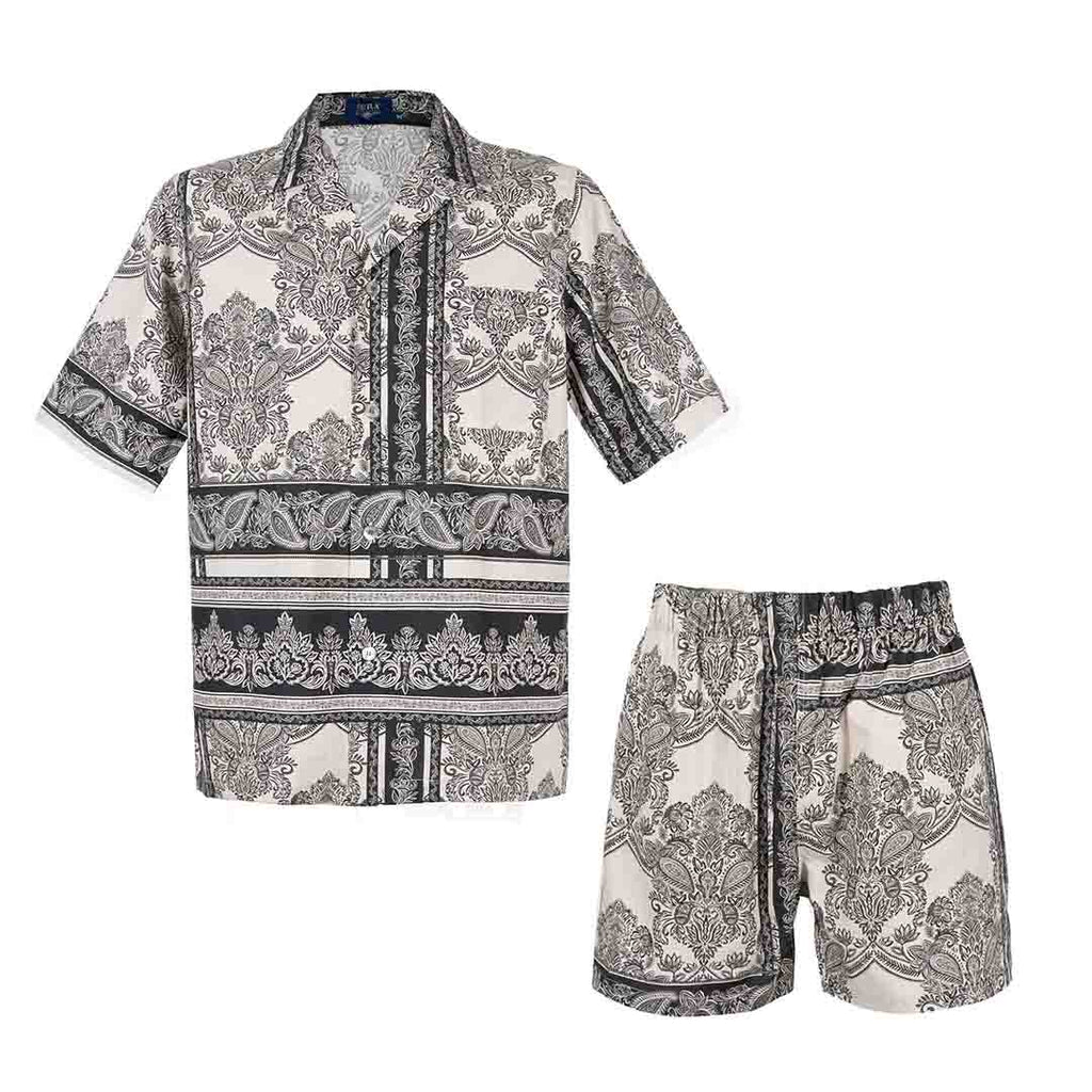 black and white ornate patterned short cotton pajama - serà fine silk