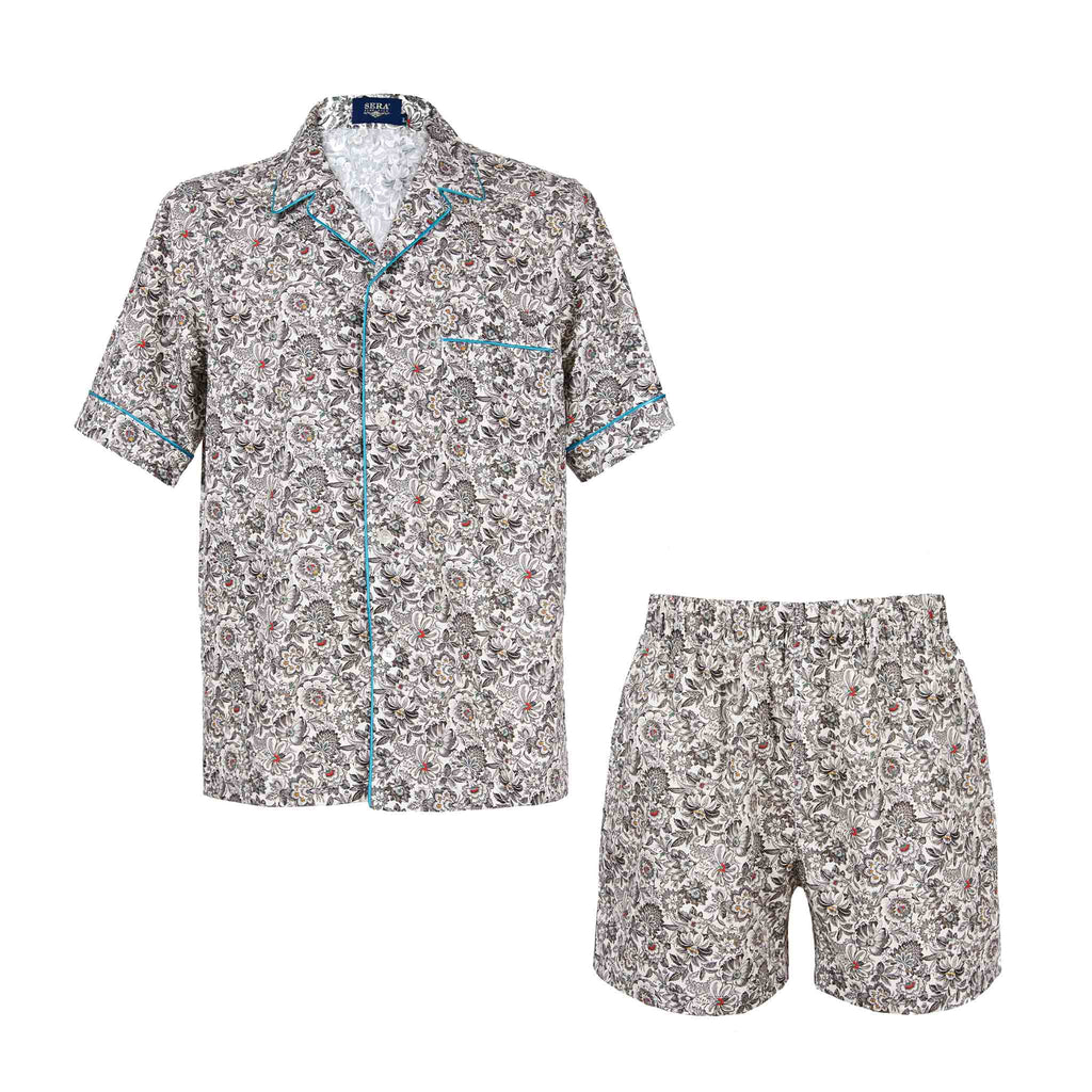 sera fine silk - white and black floral short cotton pajama