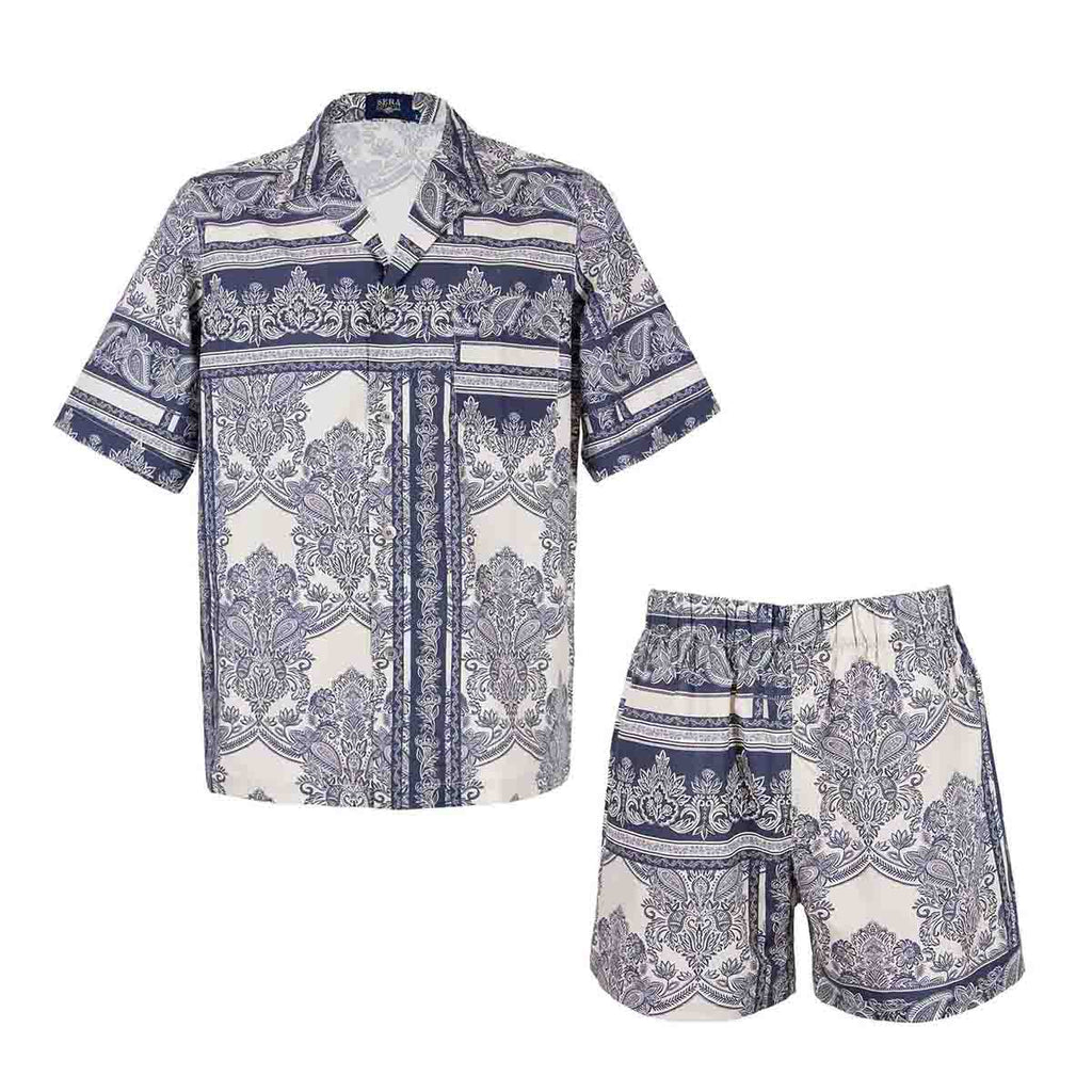 sera fine silk - white and navy ornate pattern short cotton pajama