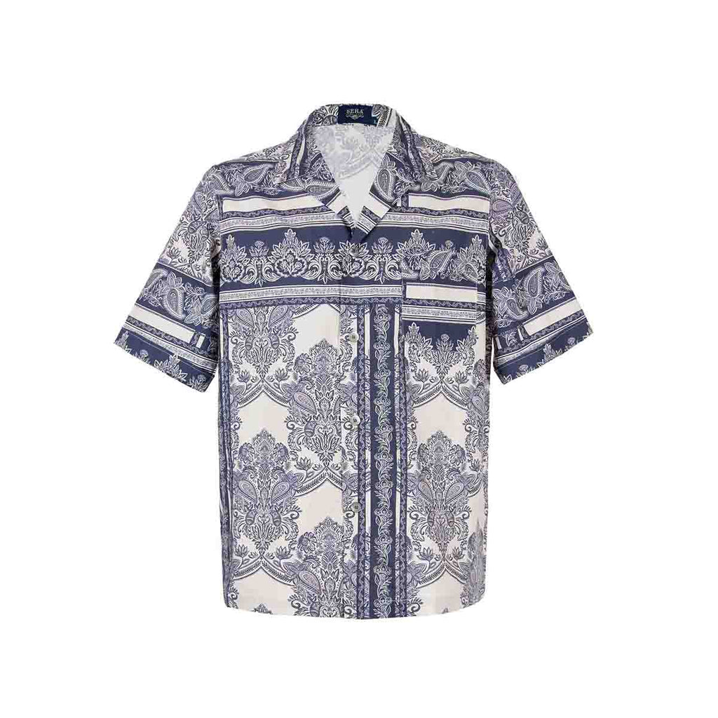 sera fine silk - white and navy ornate pattern short cotton pajama top
