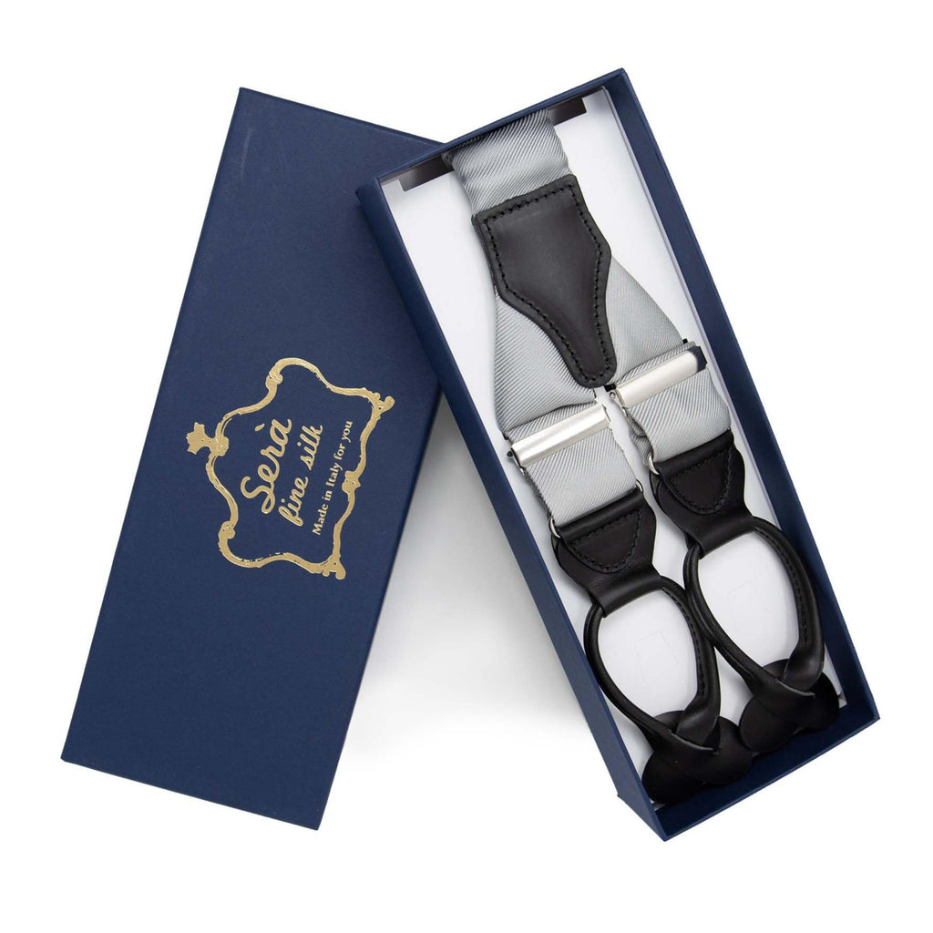 SERA FINE SILK - light grey button only silk suspenders