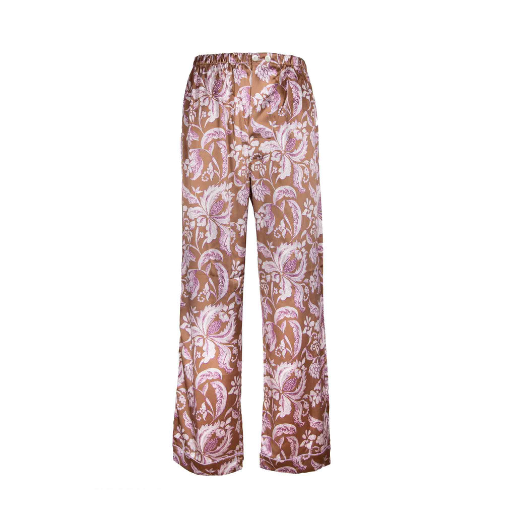 brown and pink floral silk satin pajama bottom - serà fine silk